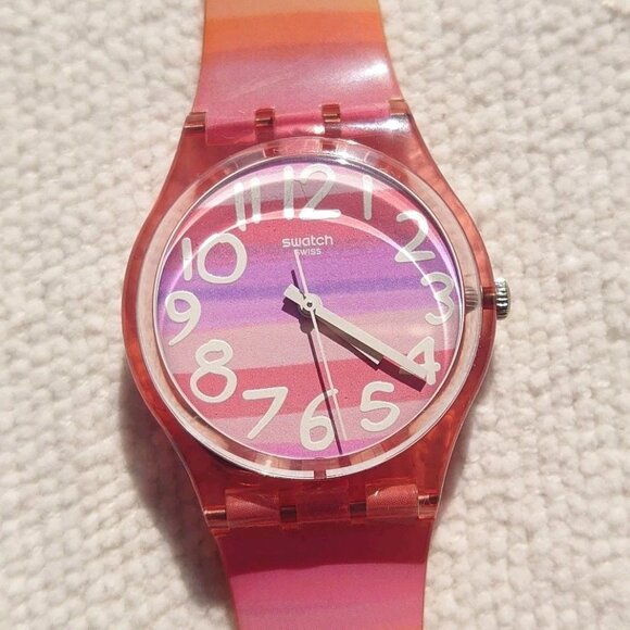 Swatch GP140 Unisex Astilbe Originals Silicone Strap Pink Plastic Watch Working - Picture 1 of 6